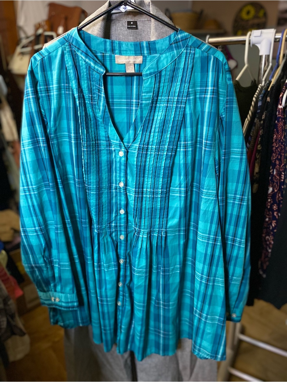Woman Within Teal Plaid Pintuck Button-Front Tunic